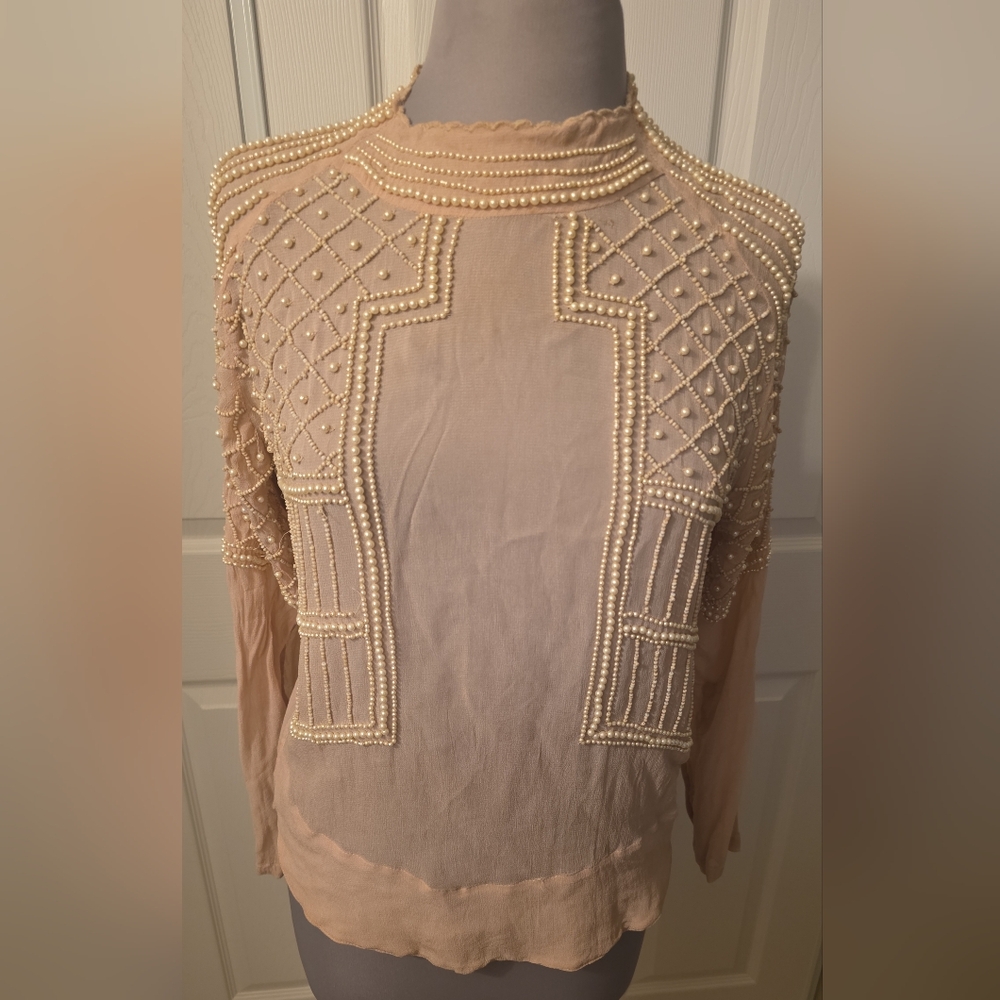 Zara Pearl Embellished Blouse – Sheer Blush